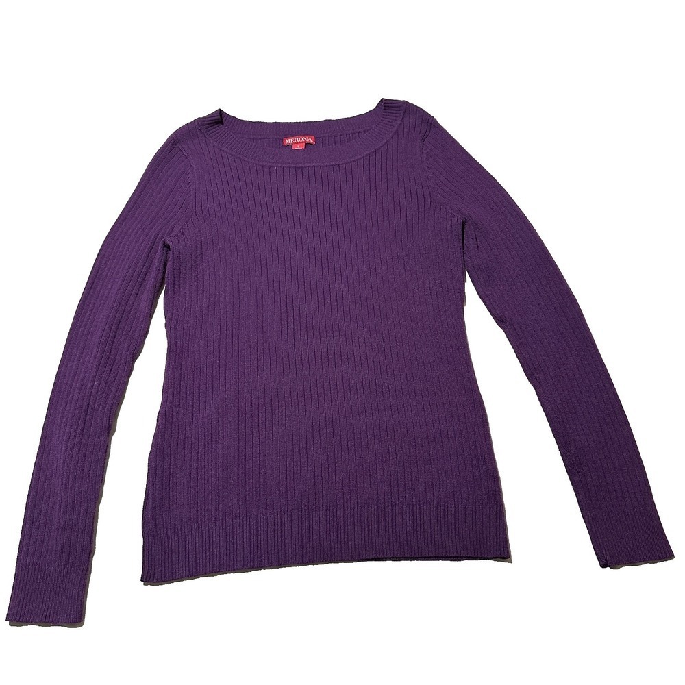 Merona Womens Purple Ribbed Knit Boat Neck Long Sleeve Sweater Large RN17730